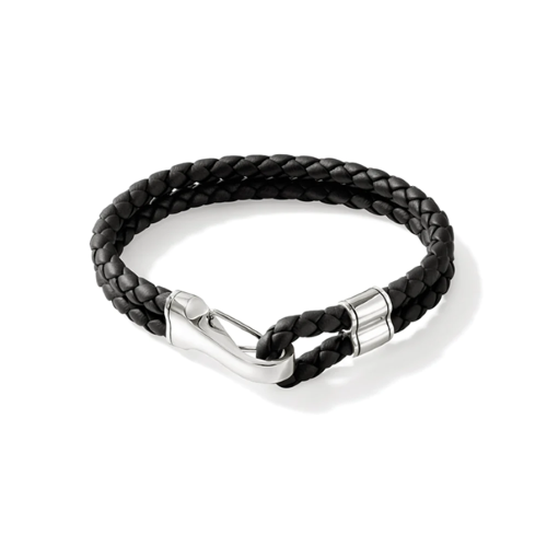 Silver & Leather Double Row Hook Clasp Bracelet -BU901241BL