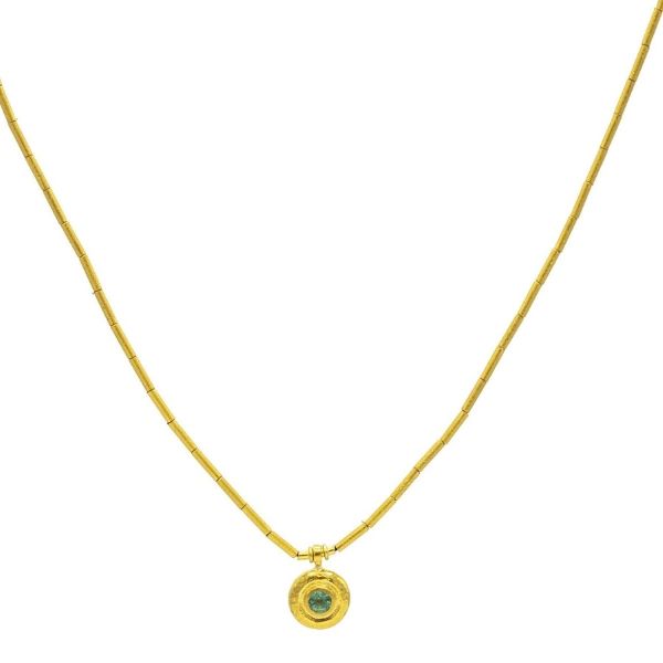 24k Yellow Gold Droplet Necklace with a Bezel Set Emerald -EM-303-18