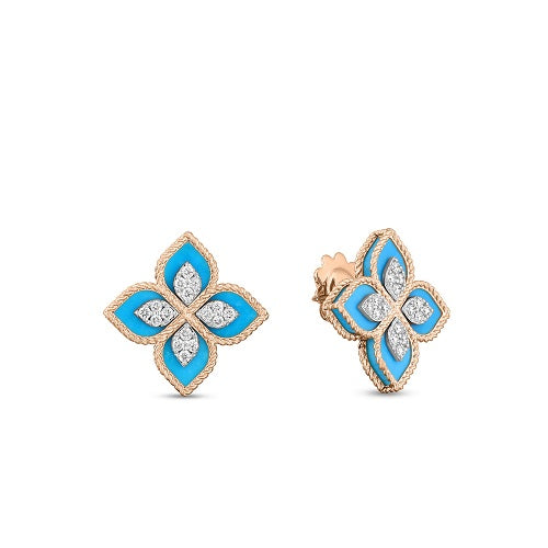 Venetian Princess Diamond and Turquoise Flower Stud Earrings 8882784AJERXT