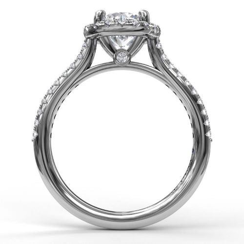 Delicate Round Halo Engagement Ring w/ Pave Band S3789