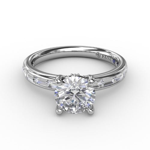 Classic Round Diamond Solitaire w/ Baguette Diamond Shank Engagement Ring S3289