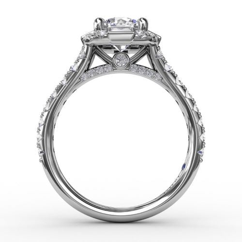 Cushion Shaped Diamond Halo Engagement Ring w/ Baguettes S3286WG