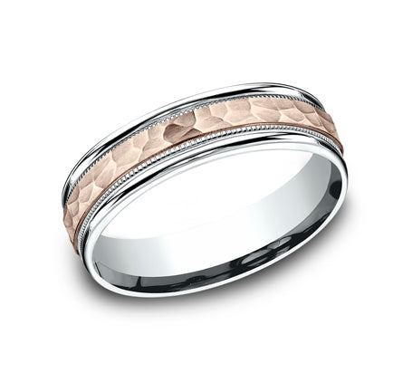 14k Two Tone Rose Gold Hammered Center 6mm Wedding Band -CF21630814KRW