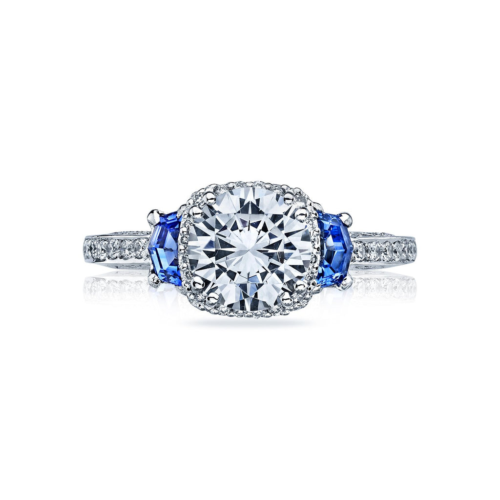 'Dantela' 6.5mm Round Engagement Ring with Blue Sapphires. -2628 RD S P SM W