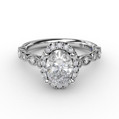 Classic Oval Halo Engagement Ring w/ Detailed Milgrain Band S3065WG