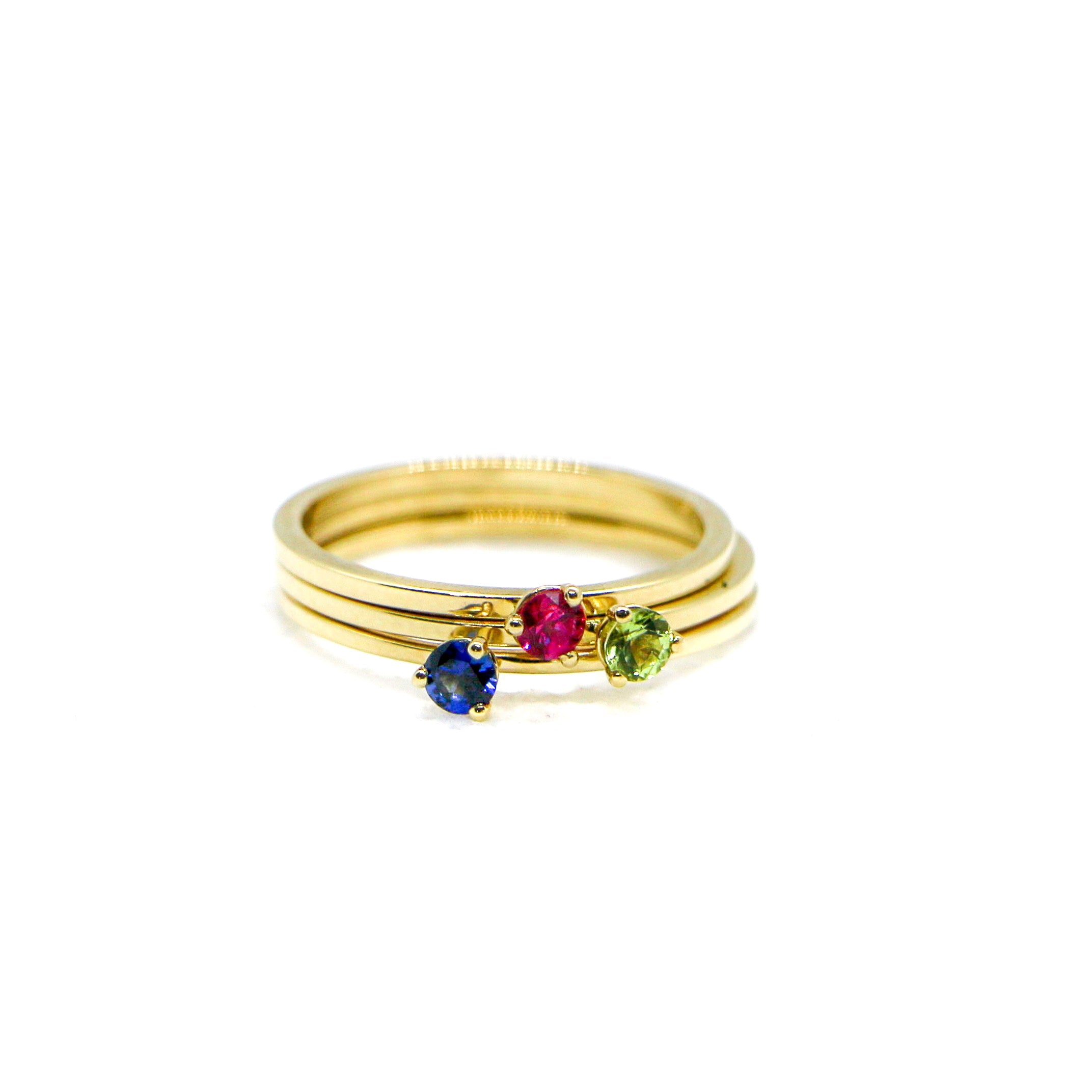 Yellow Gold Birthstone Ring -SRY Stack - Ruby, Peridot, Sapphire
