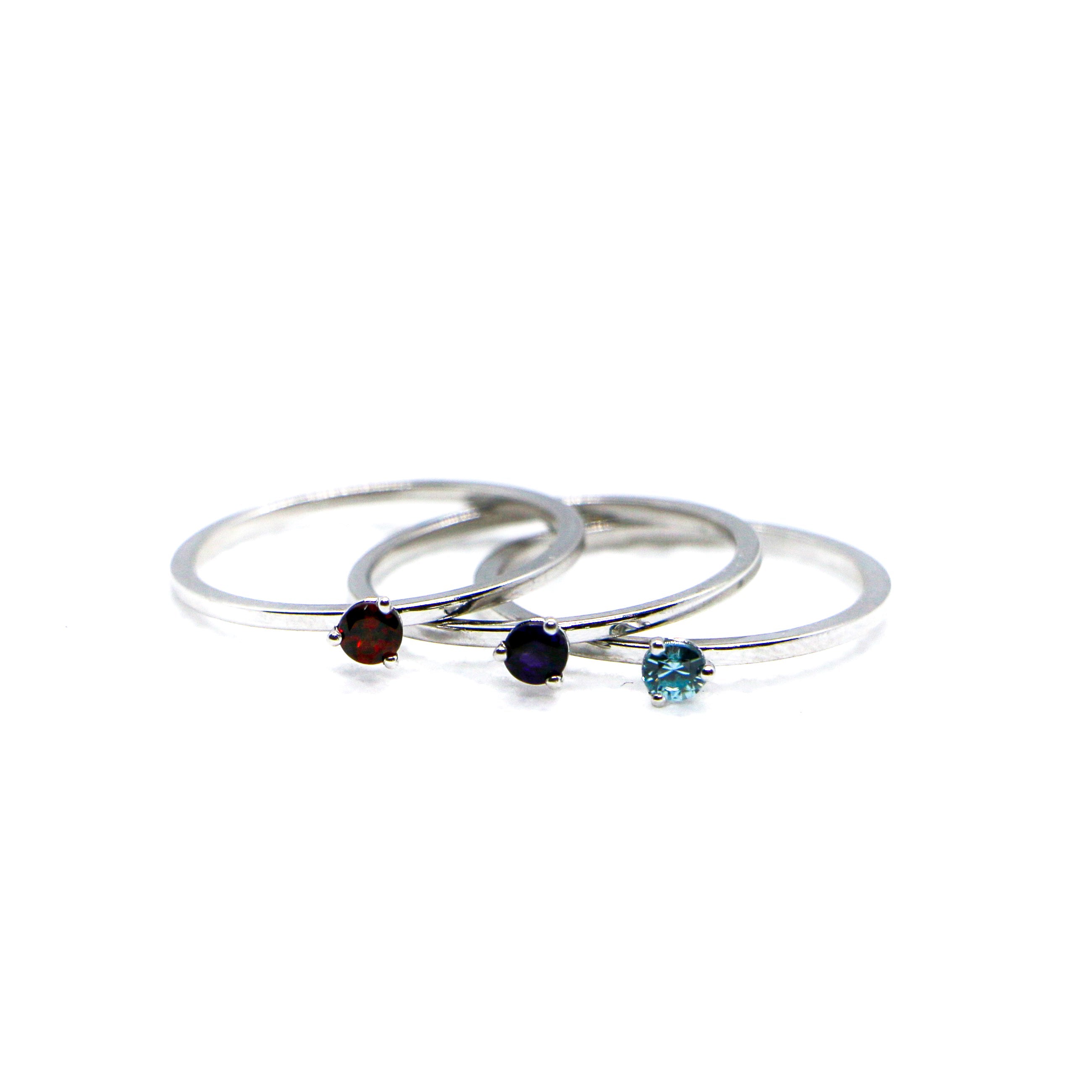 White Gold Birthstone Ring -SRW Stack - Garnet, Amethyst, Aquamarine