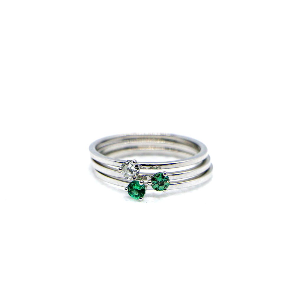 White Gold Birthstone Ring -SRW Stack - Diamond, Emerald, Alexandrite