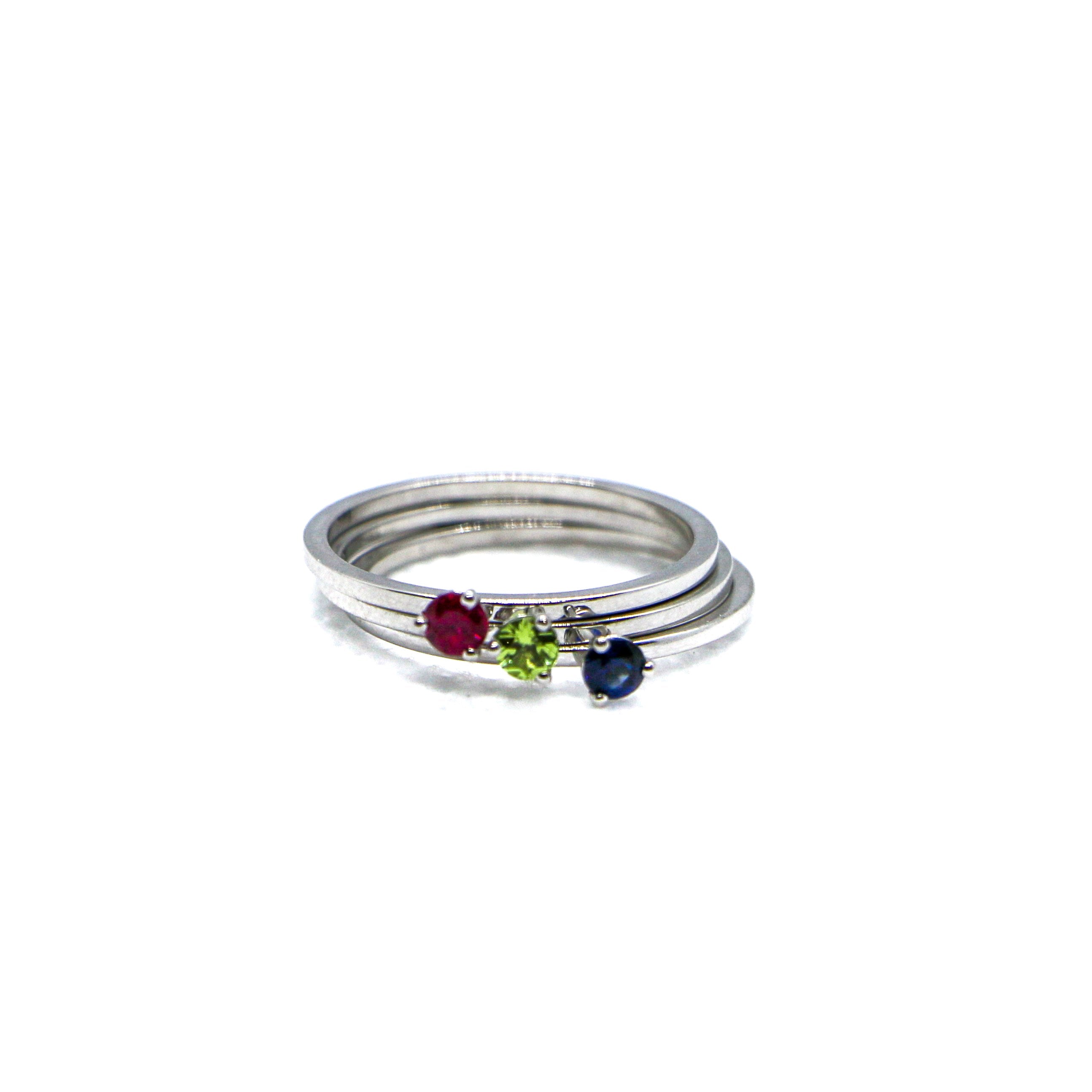 White Gold Birthstone Ring -SRW Stack - Ruby, Peridot, Sapphire