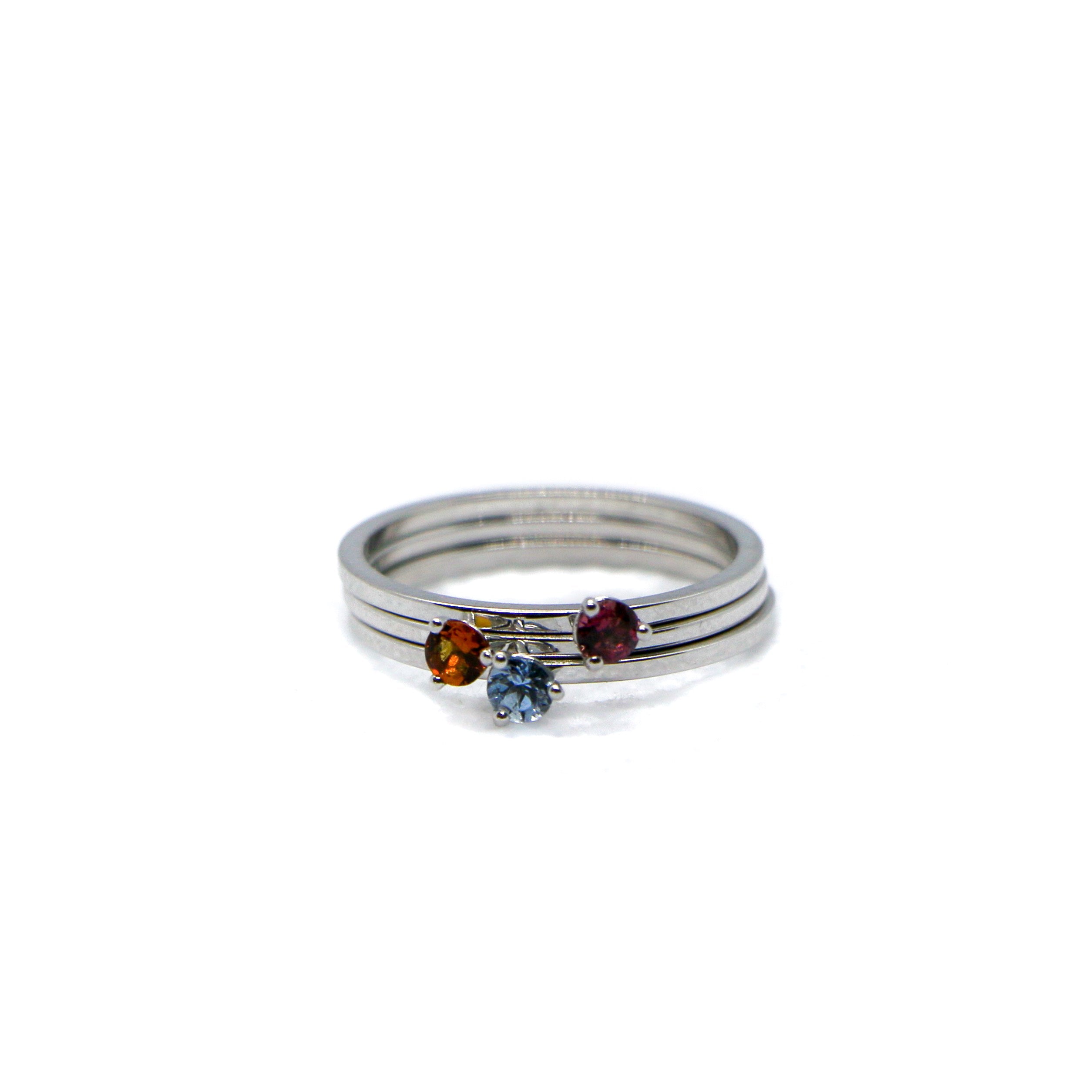 White Gold Birthstone Ring -SRW Stack - Pink Tourmaline, Citrine, Blue Zircon